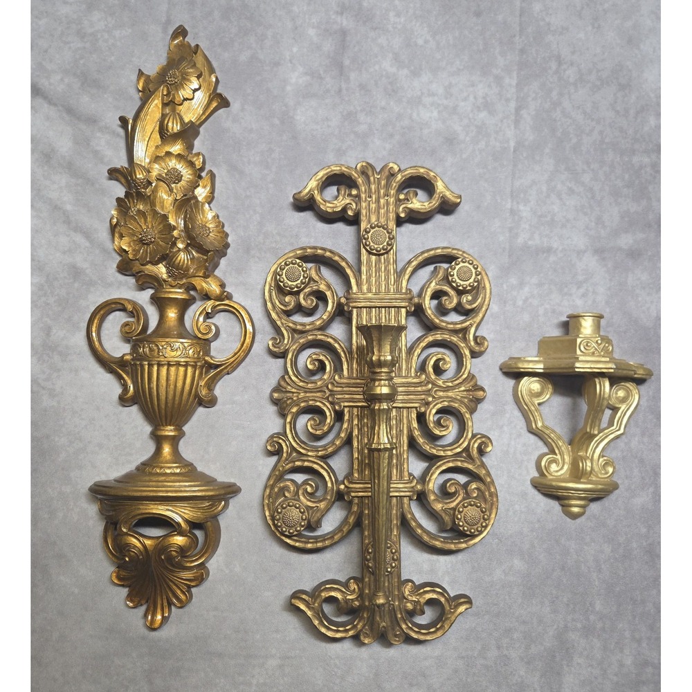 Gold Plastic Rococo Wall Mount Sconce & Plaques Set of 3 MCM Hollywood Regency